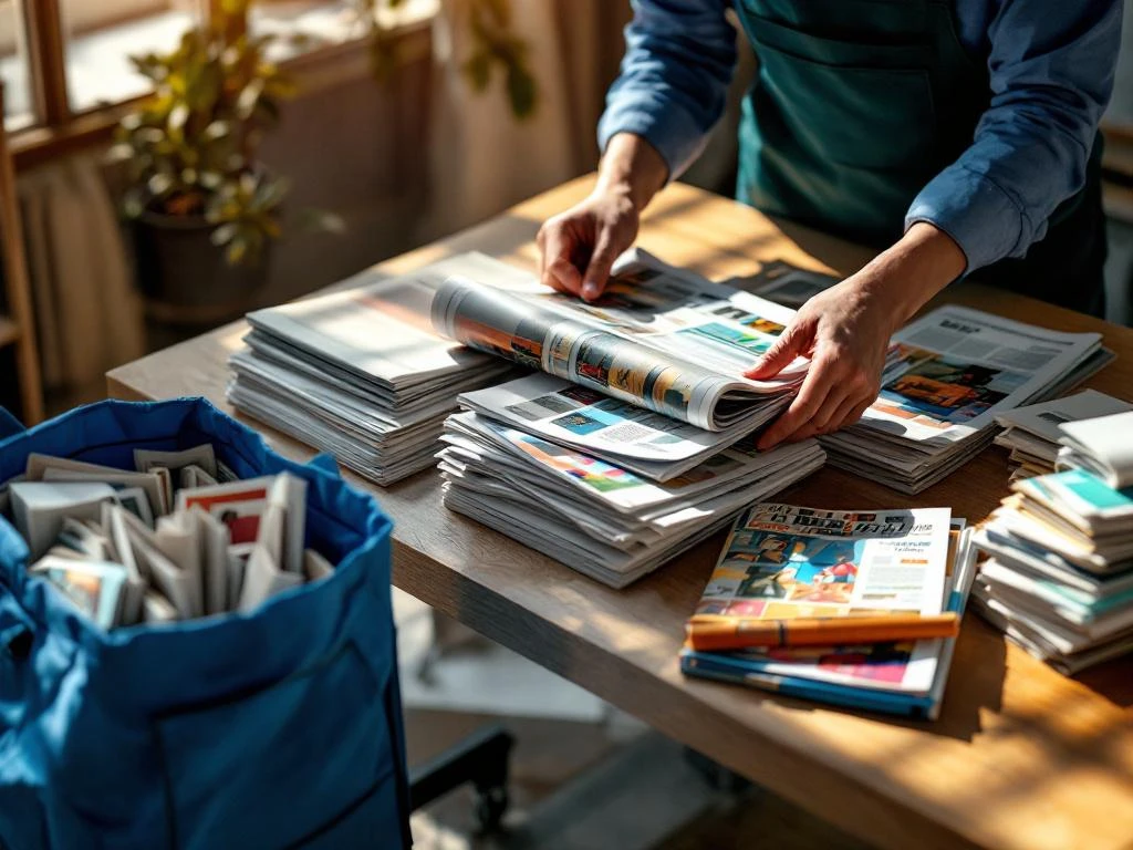 Jakelijatyöntekijä sinisessä vaatteessa järjestelee lehtiä ja mainosmateriaaleja puupöydällä, vieressä jakelukärry