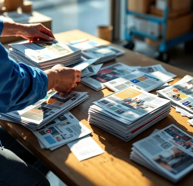 Lajittelija sinisessä työasussa järjestää värikkäitä mainoksia ja lehtiä puupöydällä, vieressä jakelukärry