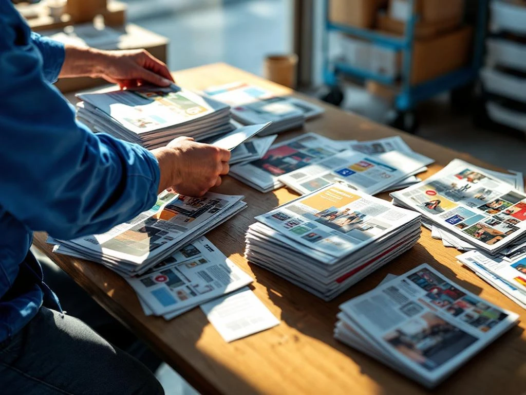 Lajittelija sinisessä työasussa järjestää värikkäitä mainoksia ja lehtiä puupöydällä, vieressä jakelukärry