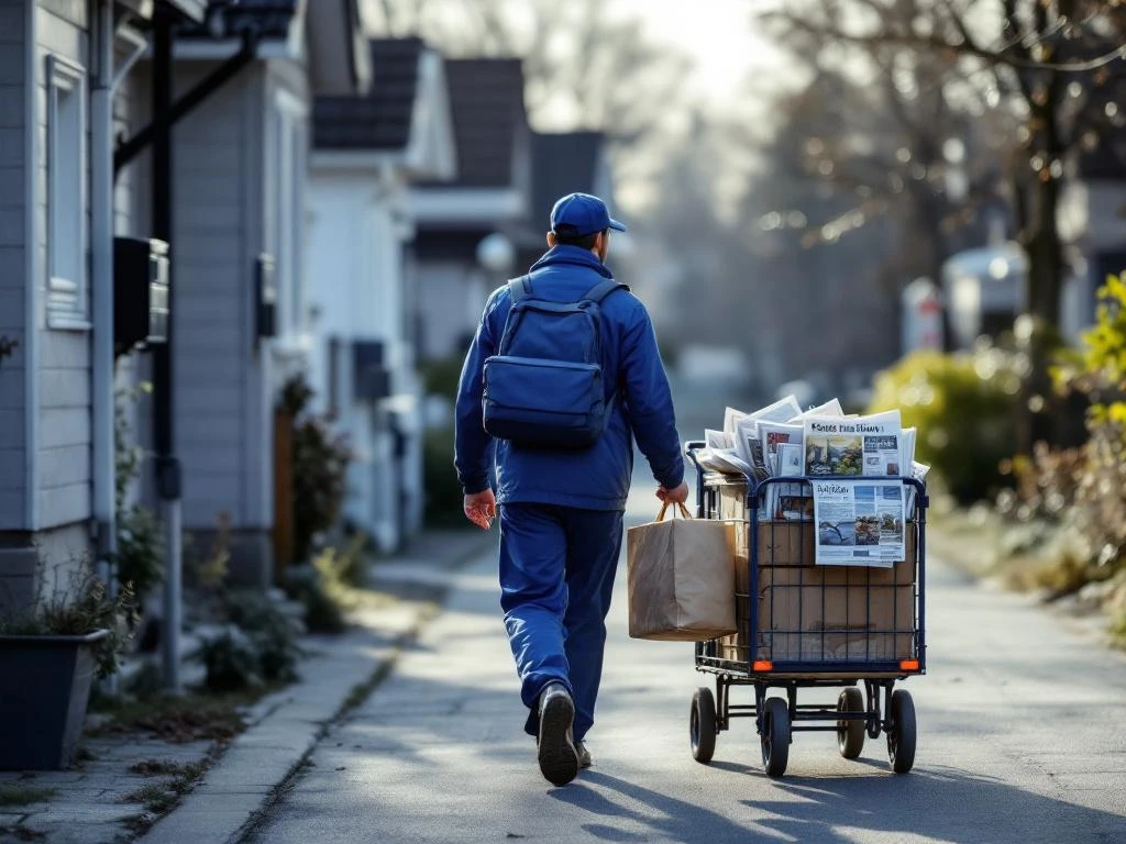 Siniseen univormuun pukeutunut jakelija työntää kärryjä täynnä sanomalehtiä ja mainoksia suomalaisessa lähiössä