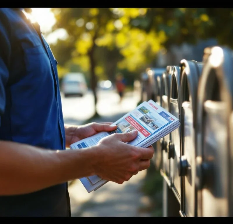 Sinipukuinen postinjakaja asettaa värikkäitä mainoksia postilaatikoihin aurinkoisella esikaupunkikadulla