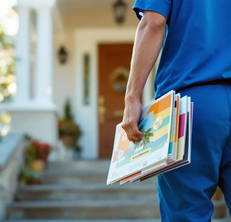 Sinipukuinen jakaja kävelee asuintalon portaita ylös kantaen värikkäitä mainoselosteita ja esitteitä käsissään