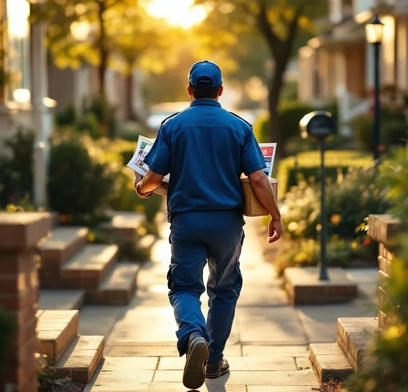Postinjakaja sinisessä univormussa kävelee asuntoalueen portaita ylös kantaen mainoksia ja esitteitä käsissään