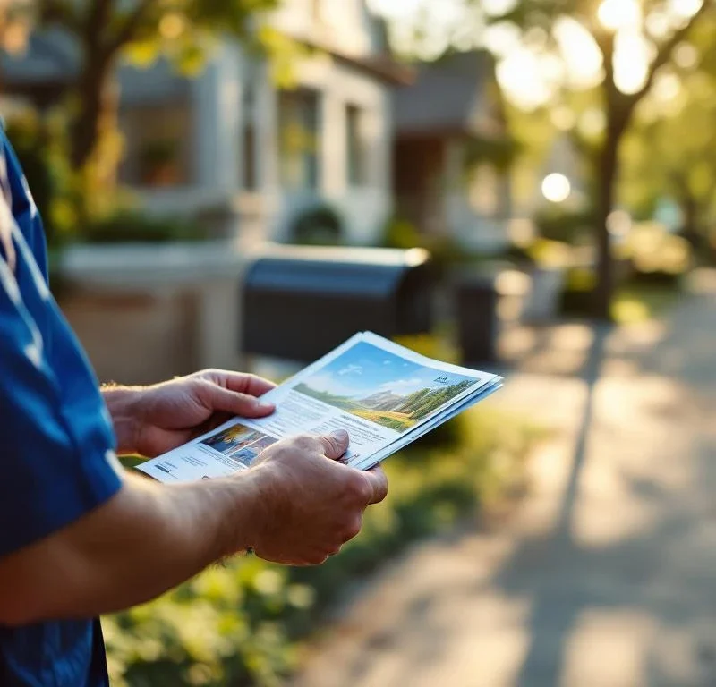 Postinjakaja sinisessä univormussa asettaa mainoksia postilaatikoihin hiljaisella esikaupunkialueella