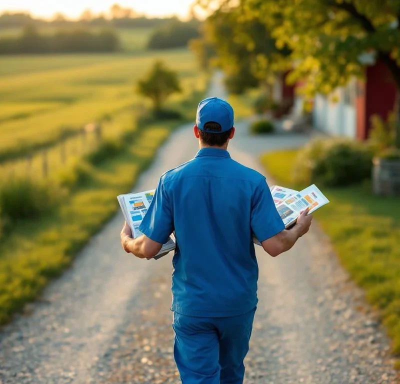 Jakelu työntekijä sinisessä univormussa kävelee maalaistalolle kantaen värikkäitä esitteitä, punainen navetta taustalla