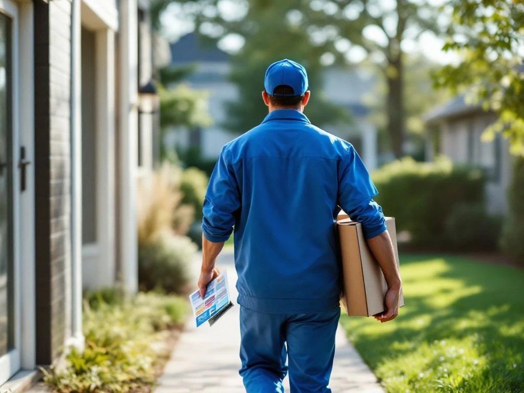 Jakelijatyöntekijä sinisessä univormussa kävelee kohti asuintalon ovea kantaen värikkäitä mainosesineitä käsissään