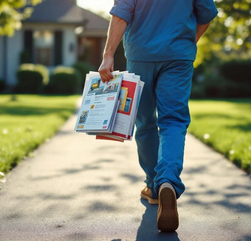 Postinjakaja sinisessä univormussa kävelee asuinalueen ajotiellä kantaen värikkäitä mainoksia, taustalla lähiötaloja