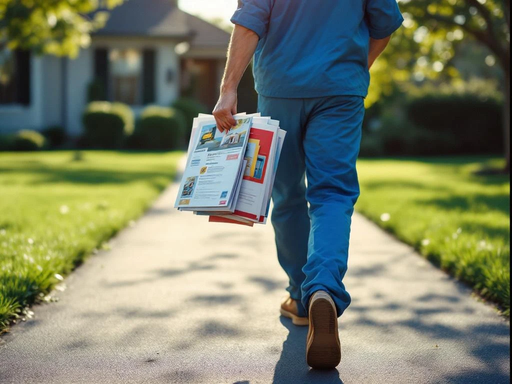 Postinjakaja sinisessä univormussa kävelee asuinalueen ajotiellä kantaen värikkäitä mainoksia, taustalla lähiötaloja
