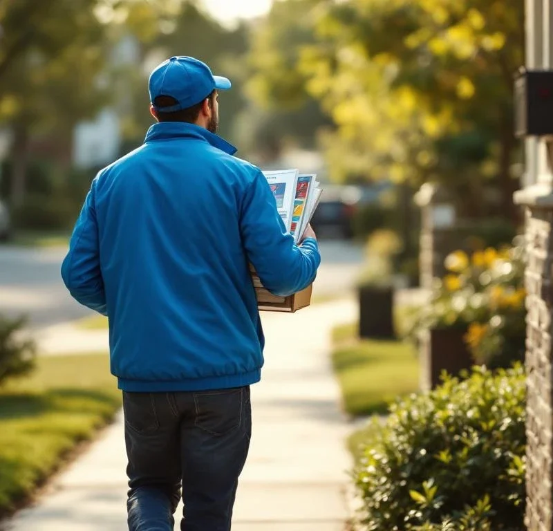 Postinjakaja sinisessä takissa kuljettaa värikkäitä suoramainoksia asuinalueen ovelle iltapäivän auringonvalossa