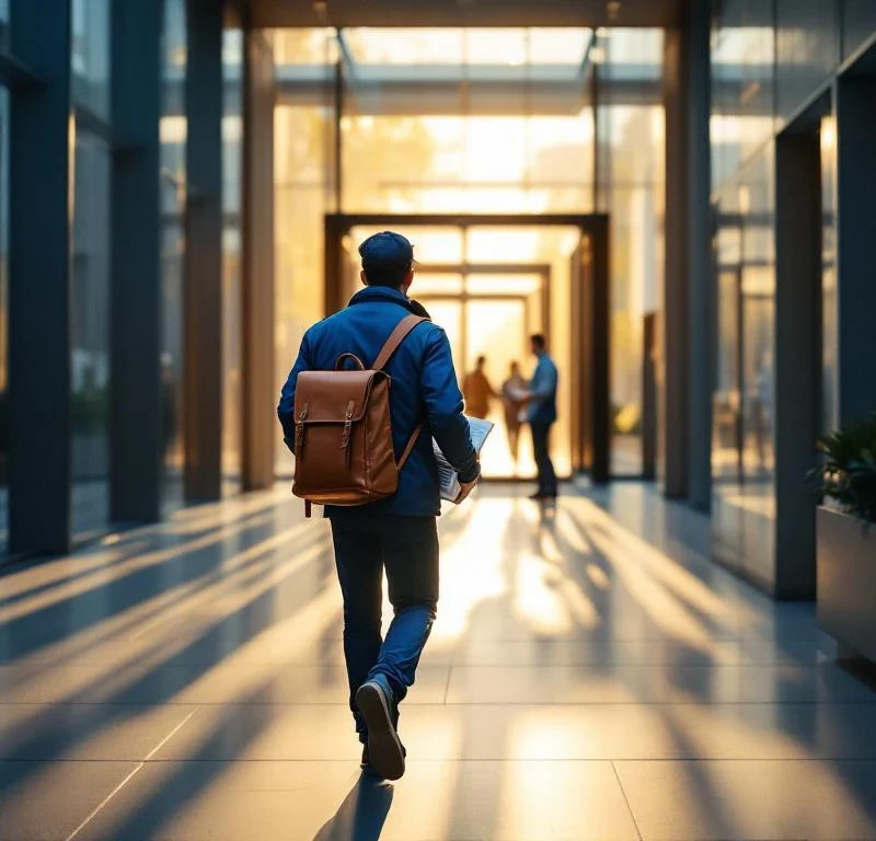 Sanomalehden jakaja sinisessä takissa kävelee kohti nykyaikaista toimistorakennuksen sisäänkäyntiä kantaen nahkalaukkua