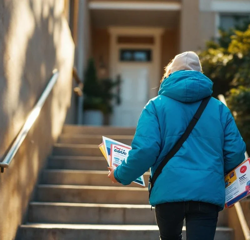 Nuori henkilö sinisessä takissa kävelee kerrostalon portaita ylös kantaen värikkäitä esitteitä