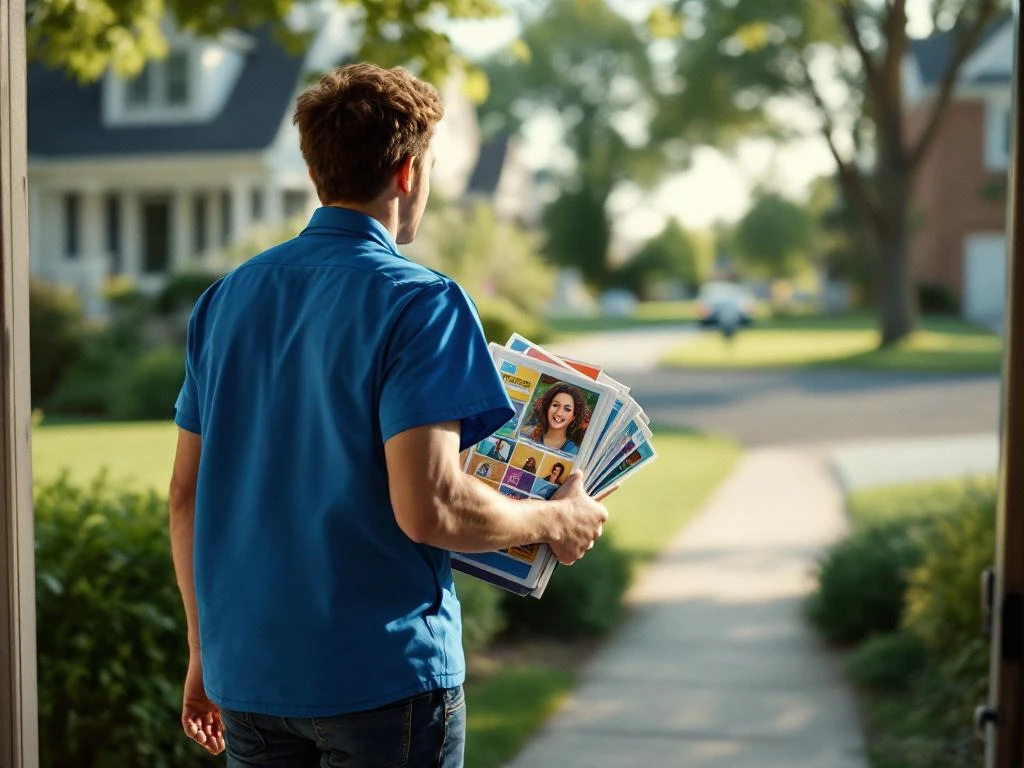 Nuori henkilö sinisessä univormussa kävelee asuintalon ovelle kantaen värikkäitä mainosesite ja esitteitä