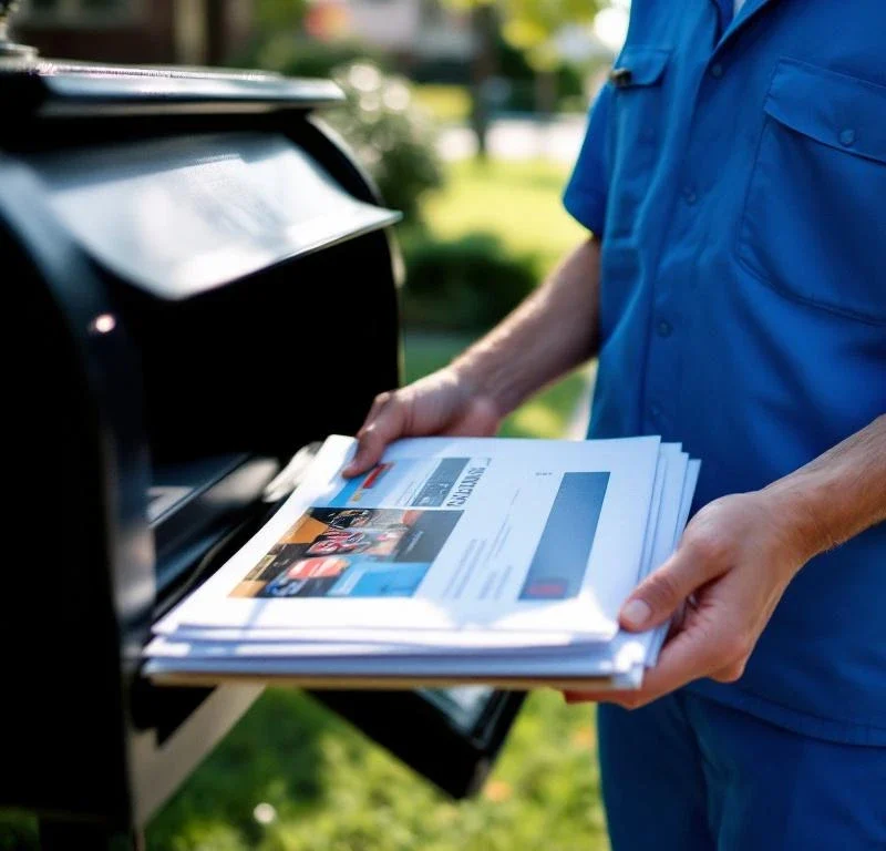 Postinkantaja sinisessä univormussa toimittaa mainoskirjeitä asuinalueen postilaatikkoon iltapäivän auringonvalossa