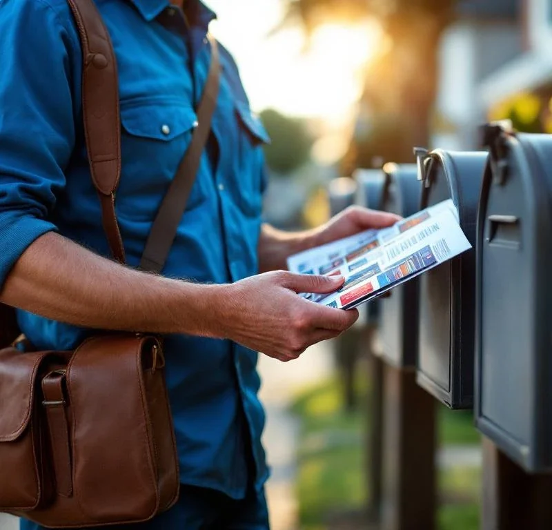 Postinjakaja sinisessä työvaatteessa jakaa mainoksia postilaatikoihin aurinkoisella esikaupunkikadulla