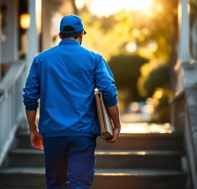 Postinkantaja sinisessä univormussa kävelee asuinalueen portaita ylös kantaen mainoksia ja esitteitä