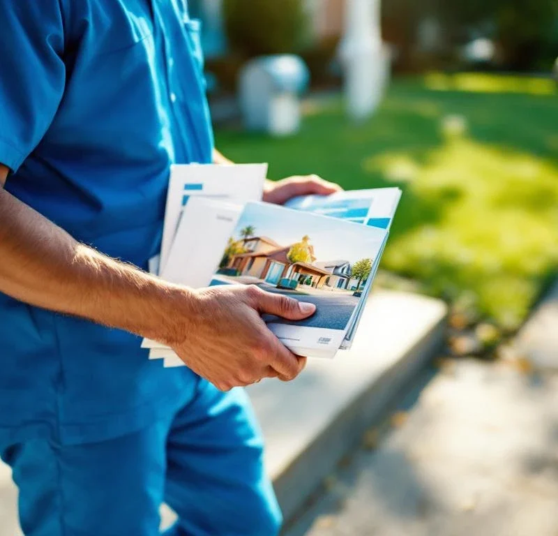 Postinjakaja sinisessä univormussa kävelee asuintalon portaita ylös kantaen mainoksia ja esitteitä