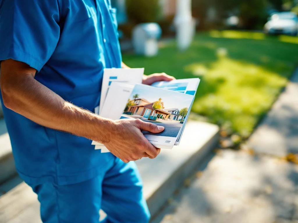 Postinjakaja sinisessä univormussa kävelee asuintalon portaita ylös kantaen mainoksia ja esitteitä