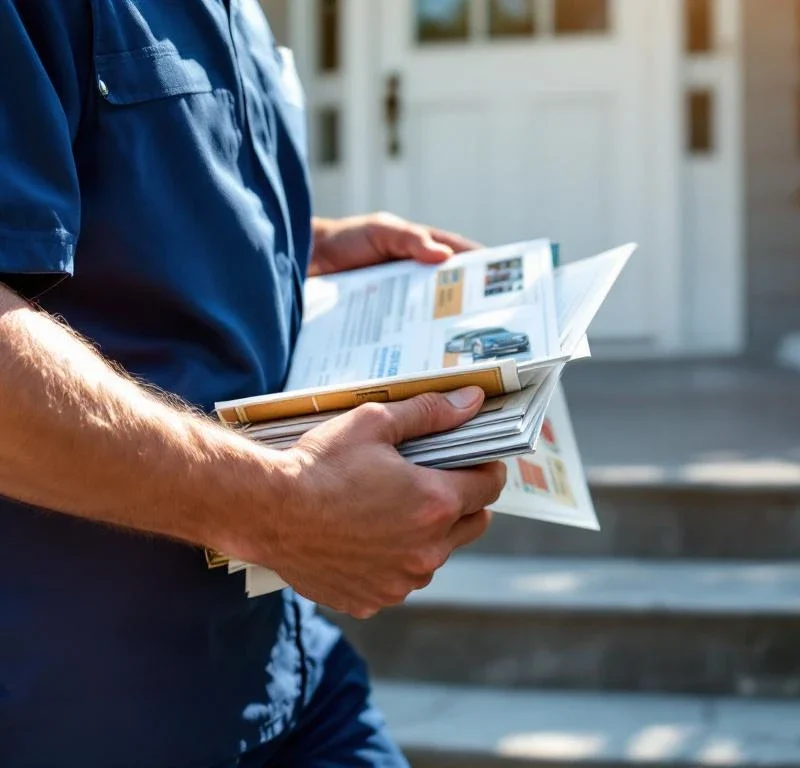 Postinjakaja sinisessä univormussa kävelee asuintalon portaita ylös kantaen mainoksia ja esitteitä kesäpäivänä