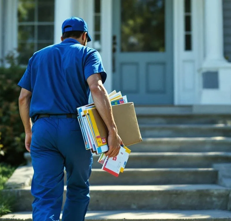 Sinipukuinen postinjakaja kävelee betoniporrasta ylös kohti asuintalon ovea kantaen värikkäitä mainoksia