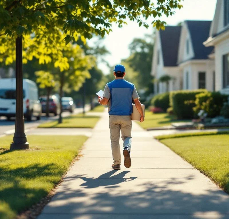 Postinjakaja sinisessä univormussa kävelee asuinalueella kantaen mainoksia ja esitteitä auringonpaisteessa