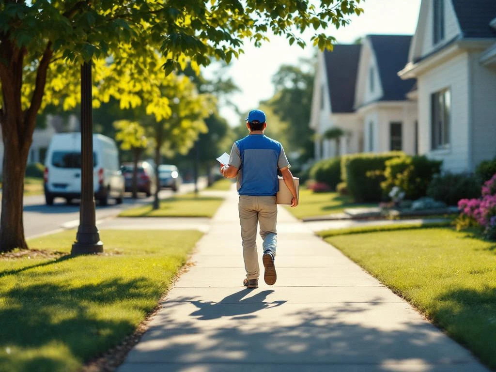 Postinjakaja sinisessä univormussa kävelee asuinalueella kantaen mainoksia ja esitteitä auringonpaisteessa