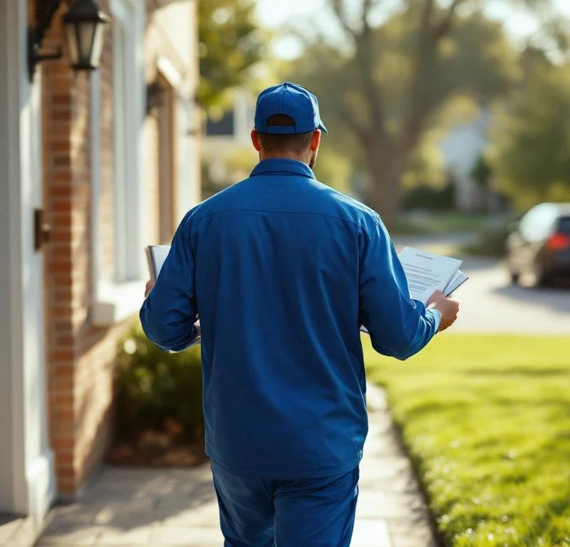 Postinjakaja sinisessä univormussa kävelee asuintalon ovelle kantaen mainoksia ja esitteitä, auringonpaiste luo varjoja