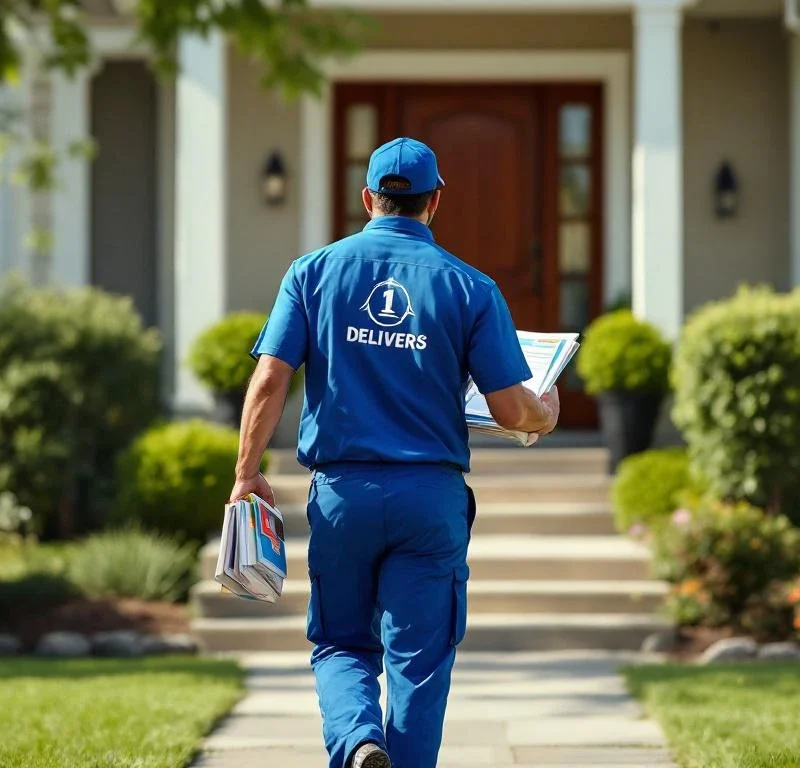 Postinjakaja sinisessä univormussa kävelee asuintalon ovelle kuljettaen värikkäitä mainoksia, aurinkoinen lähiö taustalla