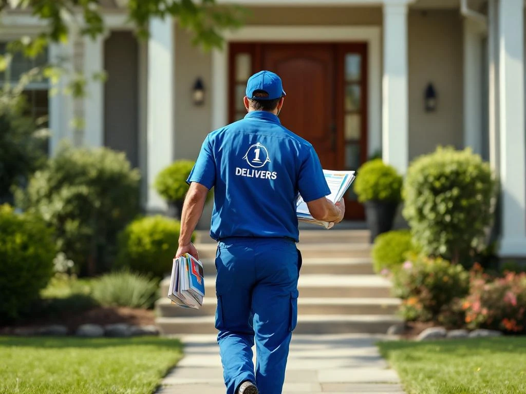 Postinjakaja sinisessä univormussa kävelee asuintalon ovelle kuljettaen värikkäitä mainoksia, aurinkoinen lähiö taustalla