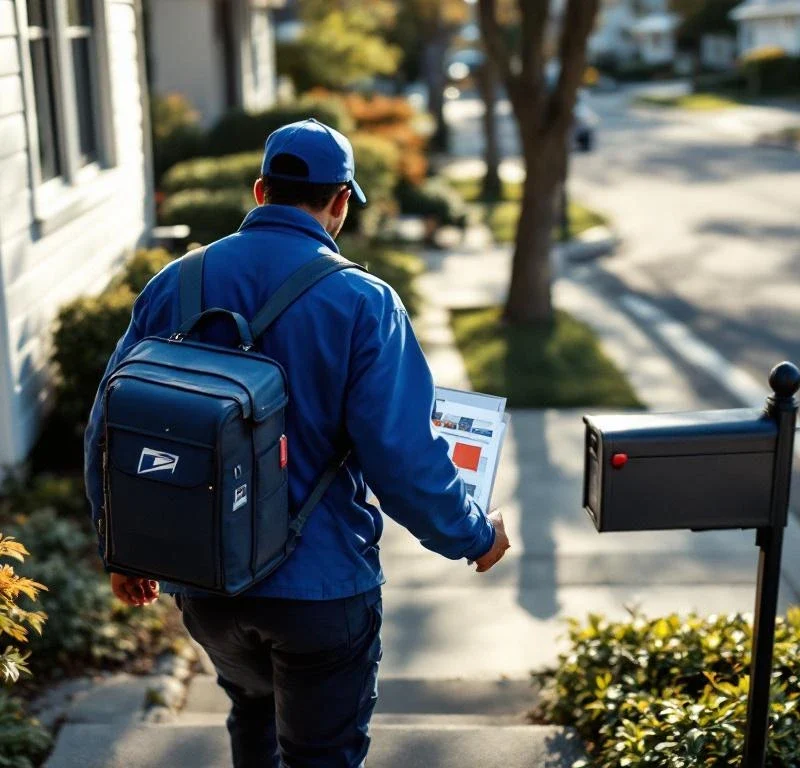 Postinkantaja sinisessä univormussa kävelee asuinalueen portaita ylös kantaen mainoksia ja esitteitä