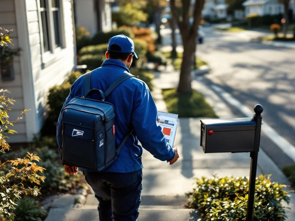 Postinkantaja sinisessä univormussa kävelee asuinalueen portaita ylös kantaen mainoksia ja esitteitä