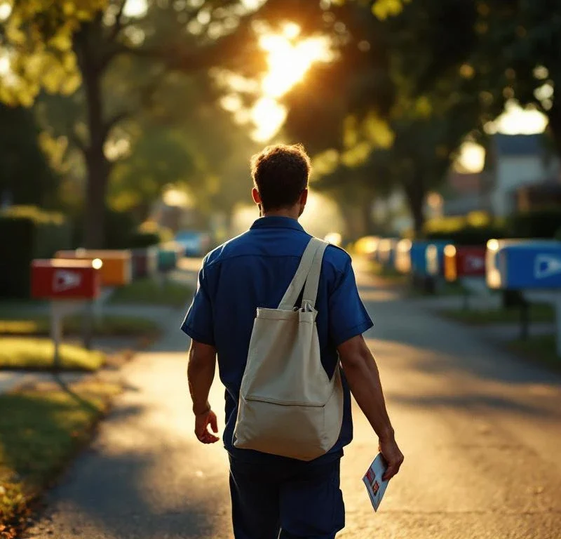 Postinkantaja sinisessä univormussa kävelee asuinalueella postilaatikot ja mainosmateriaalit kädessään kultaisessa iltavalaistuksessa