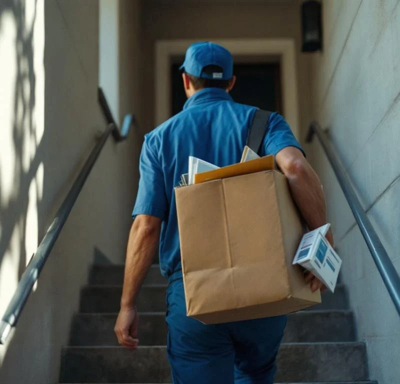 Postinjakaja sinisessä univormussa kävelee kerrostalon portaita ylös kantaen mainoksia ja esitteitä