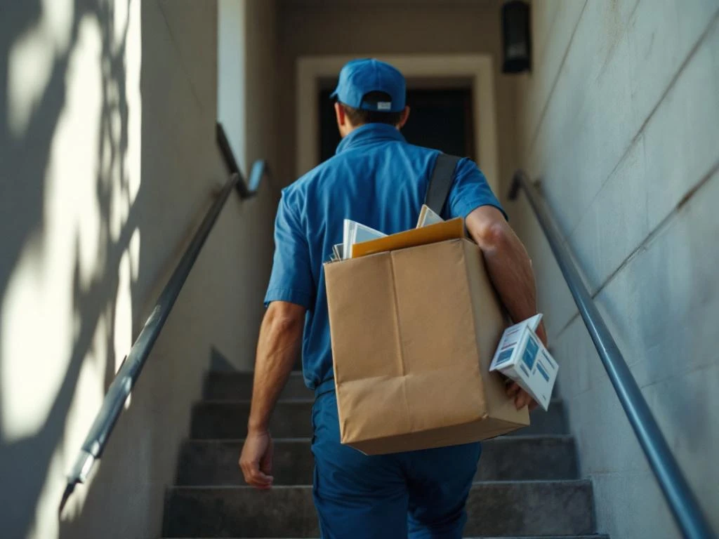 Postinjakaja sinisessä univormussa kävelee kerrostalon portaita ylös kantaen mainoksia ja esitteitä