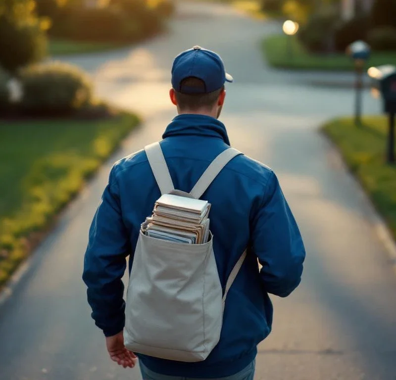 Sanomalehden jakaja sinisessä takissa kävelee asuinalueen ajotiellä, olkalaukussa lehtiä, aamuvalaistus