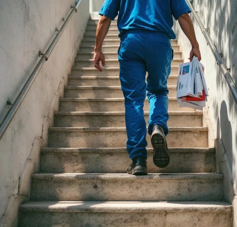 Postinjakaja sinisessä univormussa kävelee kerrostalon portaita ylös kantaen mainoksia ja esitteitä