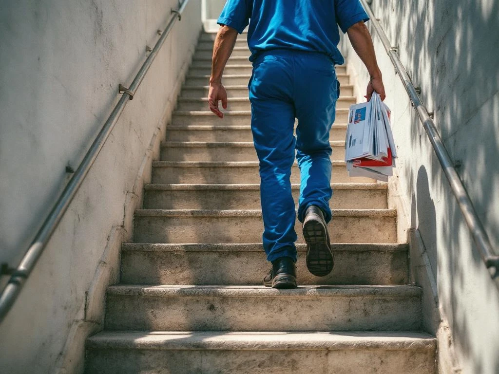 Postinjakaja sinisessä univormussa kävelee kerrostalon portaita ylös kantaen mainoksia ja esitteitä