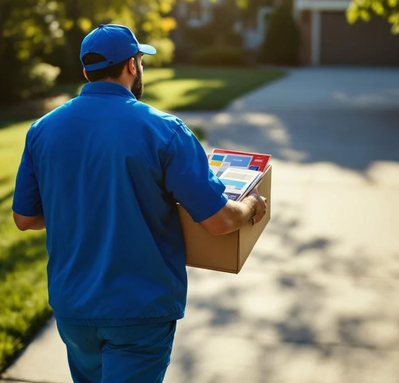 Postinjakaja sinisessä univormussa kävelee asuinalueen ajotiellä kantaen värikkäitä mainosesite­itä ja esitteitä