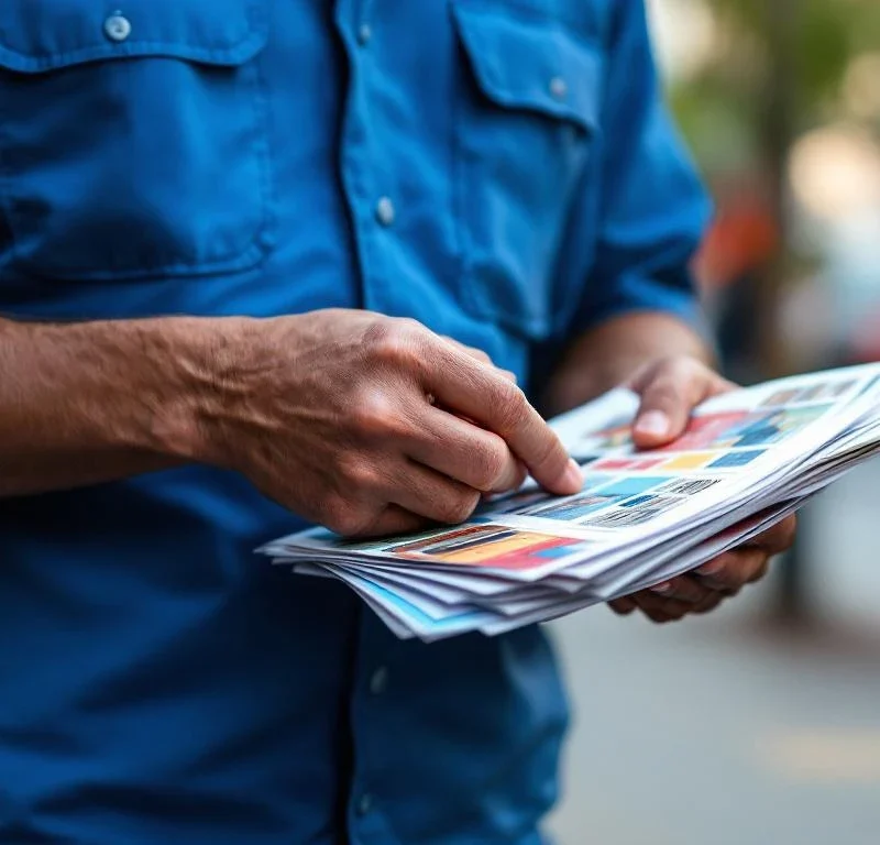 Postinjakaja sinisessä univormussa lajittelee värikkäitä mainoslehtiä ja suoramainoksia kaupunkikadulla