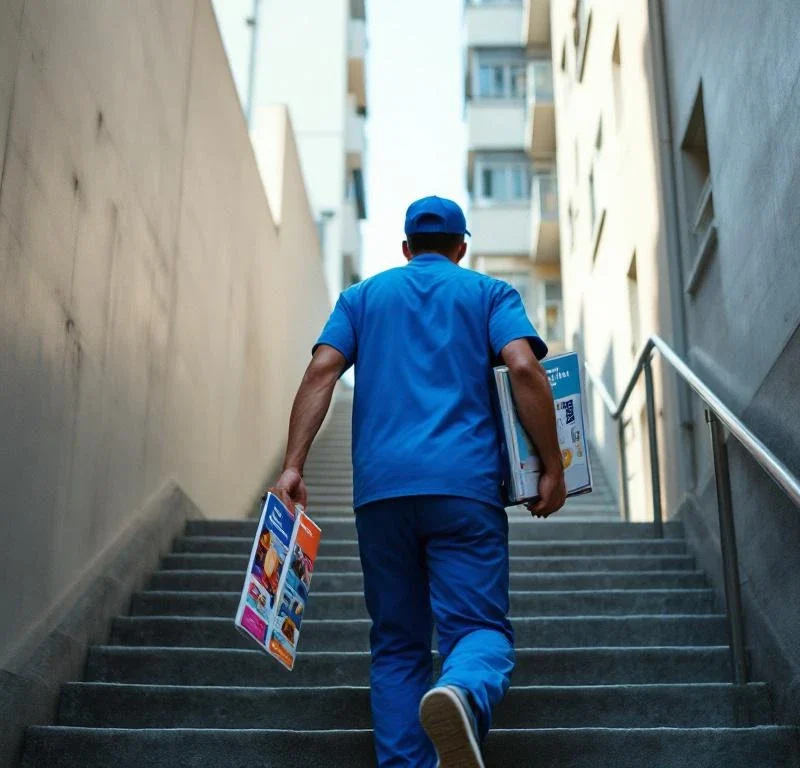 Siniseen univormuun pukeutunut jakelutyöntekijä kävelee kerrostalon portaissa ylöspäin värikkäitä esitteitä kädessään