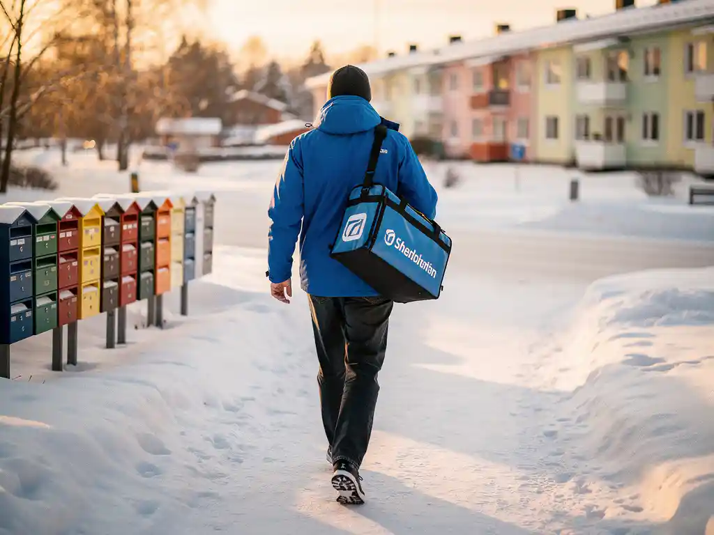 Delivery person in blue jacket walking through snowy Finnish neighborhood with colorful mailboxes and apartment buildings in golden afternoon light