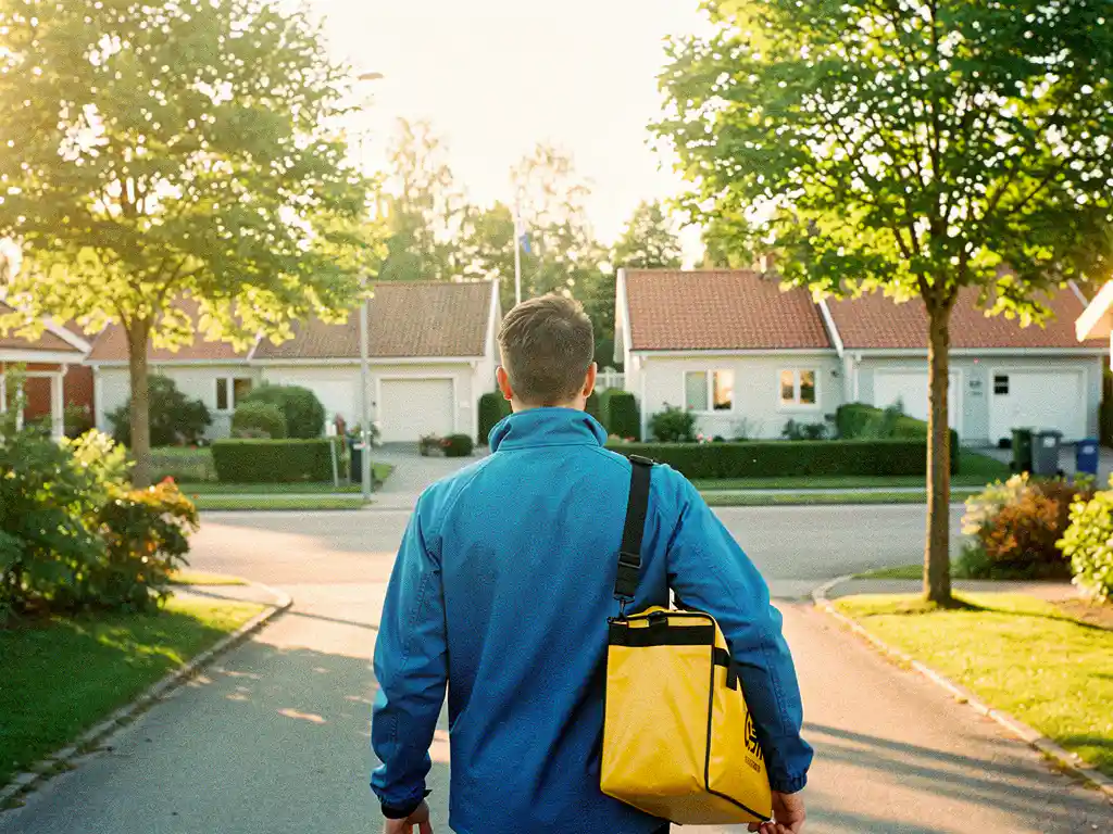Delivery worker in blue jacket carries yellow bag through sunny Finnish neighborhood with red-roofed houses and green trees