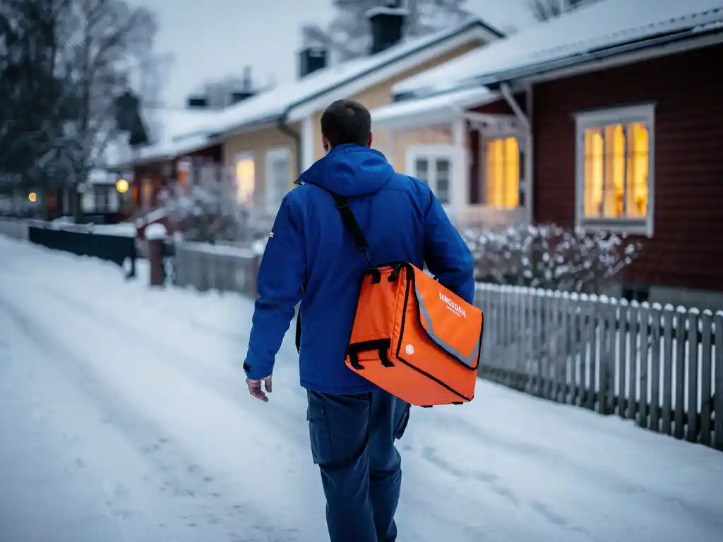 Delivery worker in blue jacket carrying orange bag walks through snowy Finnish residential street with wooden houses and glowing windows