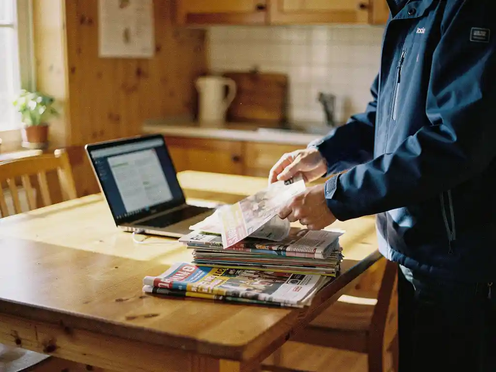 Delivery worker in blue jacket organizing colorful flyers and newspapers on wooden kitchen table with laptop nearby in Finnish home