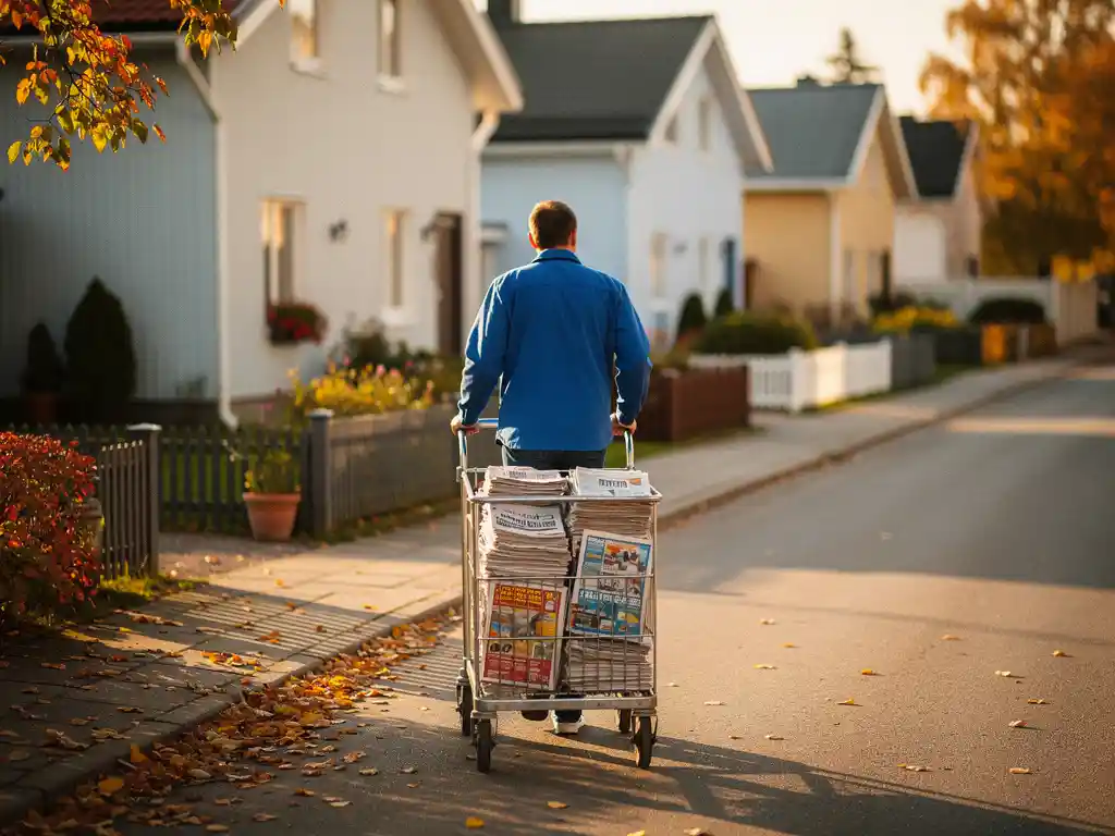 Delivery worker in blue uniform pushing newspaper cart down Finnish residential street with autumn leaves and row houses