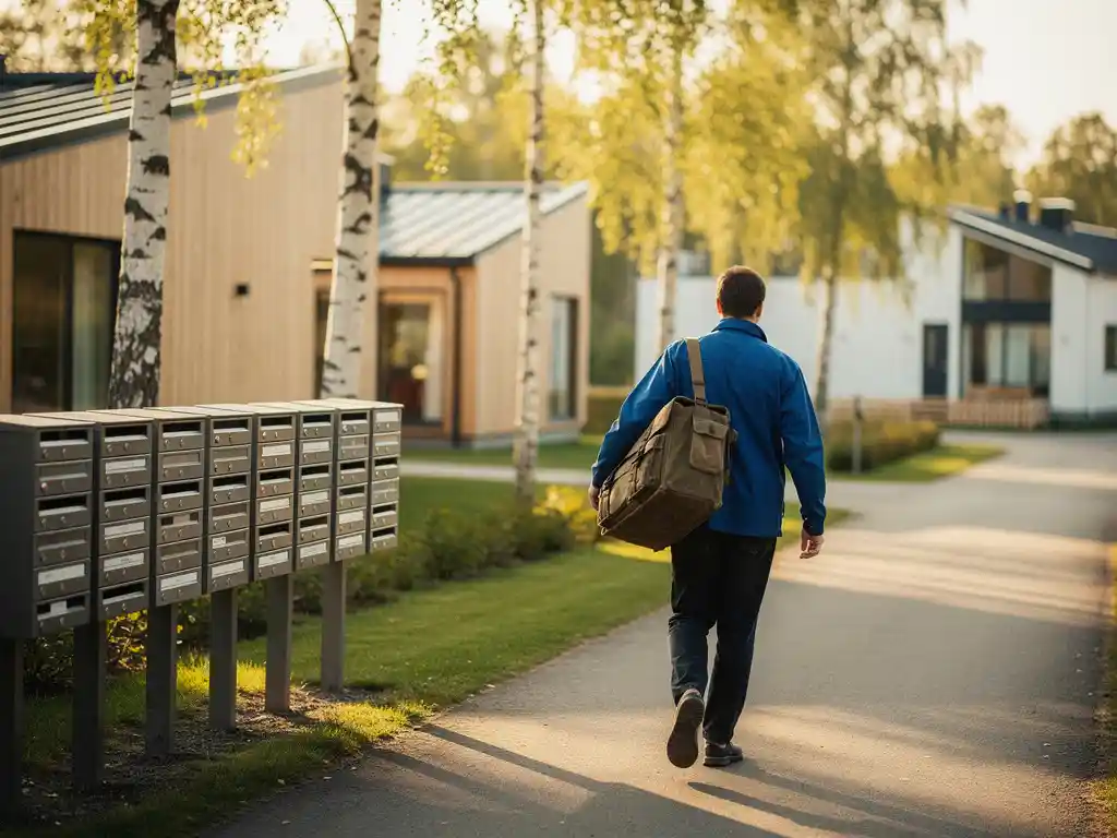 Postinjakaja sinisessä takissa kävelee määrätietoisesti hiljaisella suomalaisella lähiötiellä kantaen suurta kangaskassia