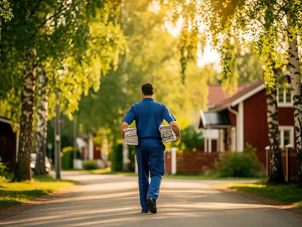 Delivery worker in blue uniform carrying newspapers through sunlit Finnish neighborhood with birch trees and red wooden houses