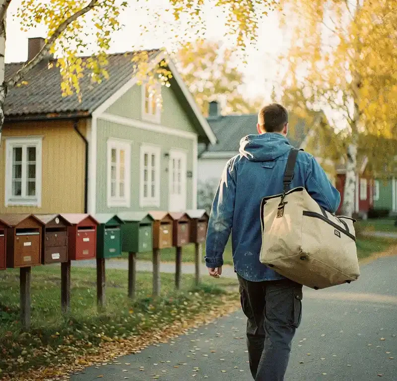 Postinjakaja sinisessä takissa kävelee hiljaisella asuinalueella Suomessa kantaen suurta jakelukassia