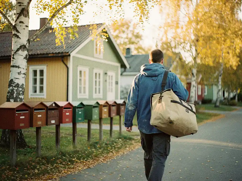 Postinjakaja sinisessä takissa kävelee hiljaisella asuinalueella Suomessa kantaen suurta jakelukassia
