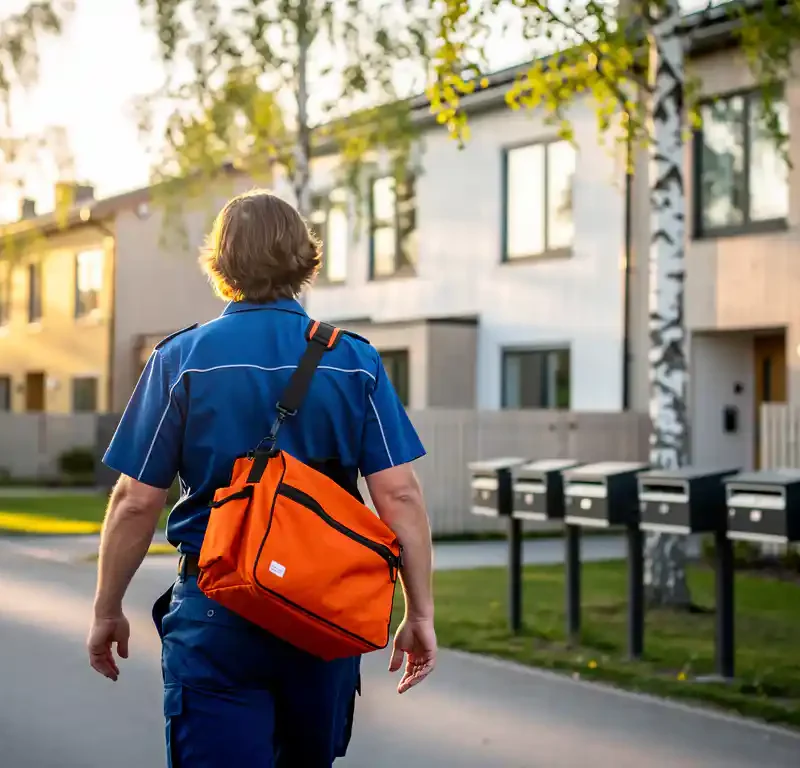 Postinkantaja sinisessä univormussa kävelee hiljaisella asuinalueella kantaen oranssia laukkua, rivitaloja ja postilaatikoita