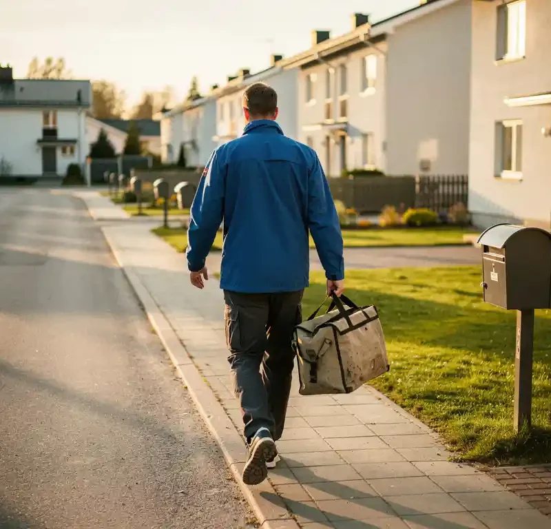 Siniseen takkiin pukeutunut lähetti kävelee asuinalueella kantaen kangaskassia, suomalaiset omakotitalot ja postilaatikot taustalla